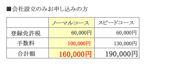 会社設立ノーマルコース金額(設立のみ)
