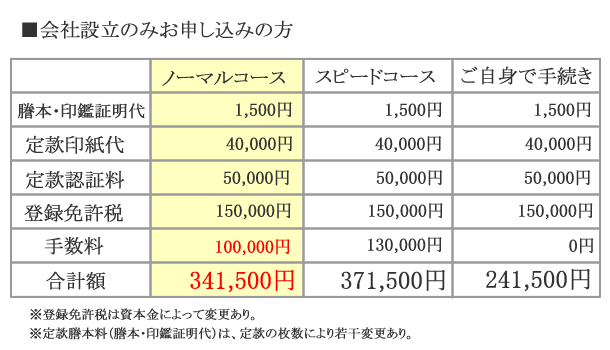 会社設立ノーマルコース金額(設立のみ)